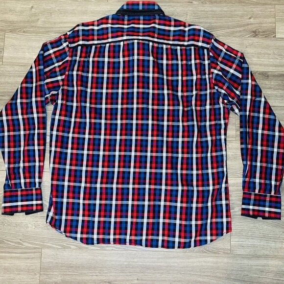 Au Noir Mens Button Down Shirt Sz 8 4XL plaid RedBlue Long Sleeve Cufflink Shirt - Picture 14 of 15